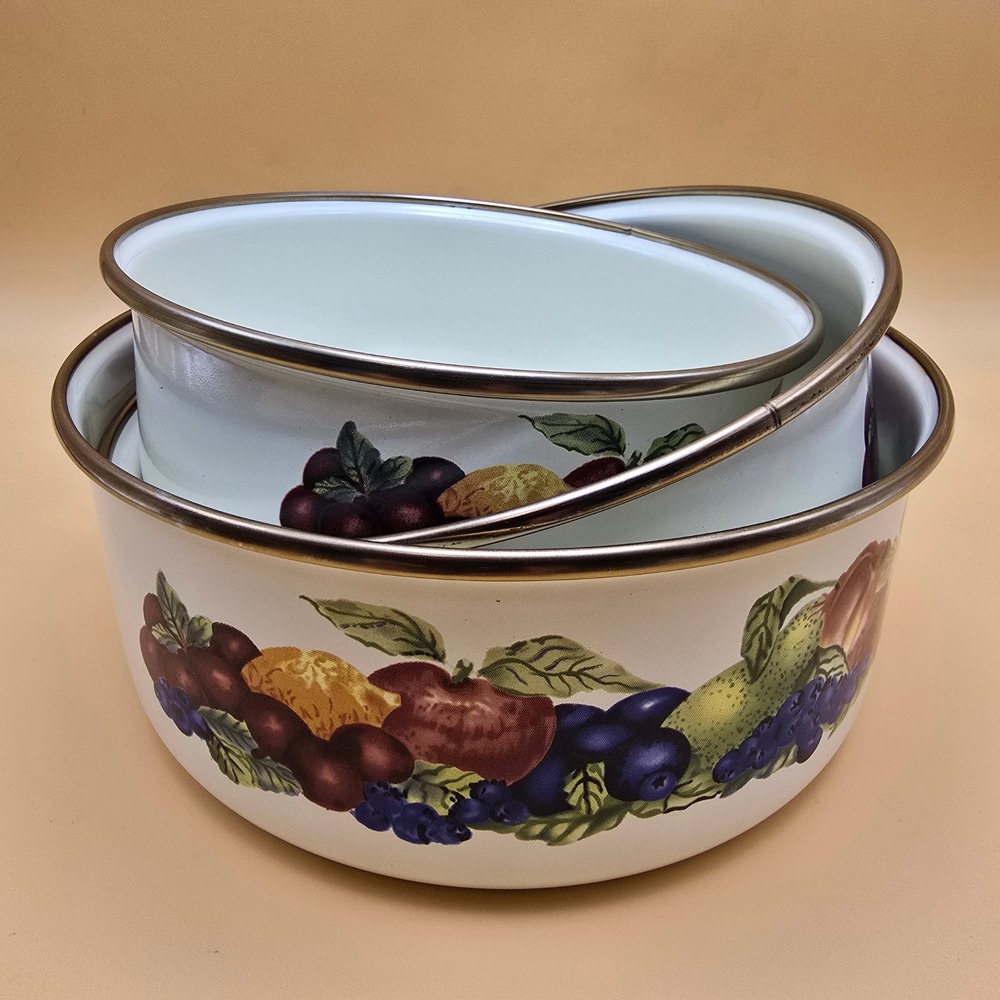 Vintage LincoWare Enamel Mixing Bowls Orchard Fruit Design Gold Rim Set of‎ 3